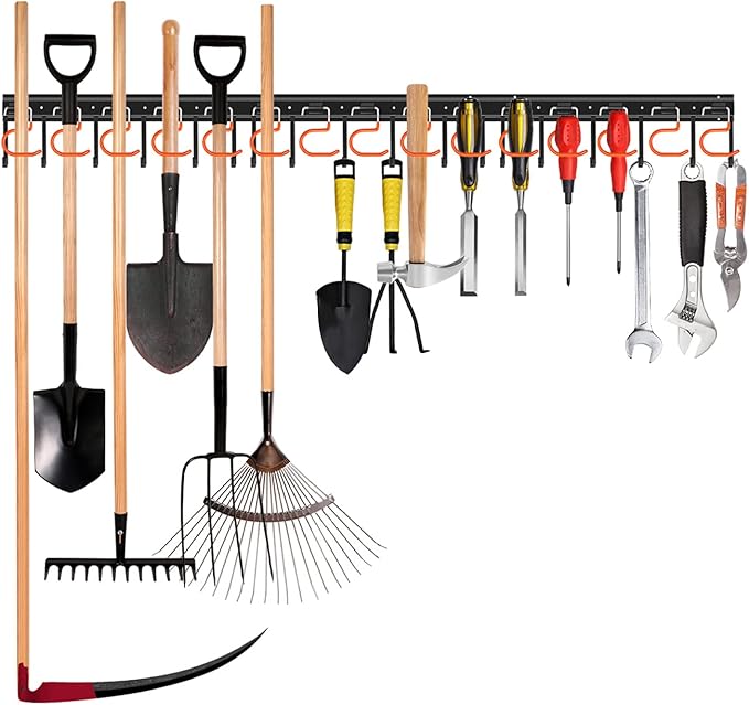 51'' All Metal Garden Tool Organizer Adjustable Garage Tool Organizer Wall Mount Garage Organizers and Storage with Heavy Duty Hooks Tool Hangers for Garage Wall, Shed, Garden