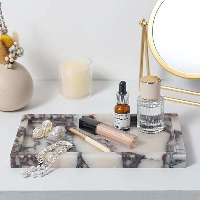 Natural Calacatta Viola Marble Tray 10"x6" Rectangular - Non-Resin Bathroom Vanity Organizer & Office Desk Tray | Waterproof Stone Serving Platter for Jewelry/Perfume (Purple Portoro)