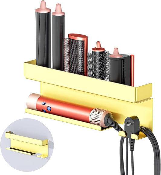 Oukimly Storage Hair Dryer Holder for Curling Iron Accessories, Hair Tool Organizer Wall Mount, Curling Iron Holder, Bathroom Hair Straightener Holder Stand for Styler Attachments Organizer, Gold