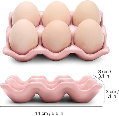 Flexzion Porcelain Egg Crate - 6-Egg Capacity Ceramic Egg Tray, Half Dozen Egg Holder for Fridge, Countertop Display - Pink Decorative Serving Dish and Storage Organizer, 2 Pack
