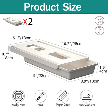 2Pack Under Table Desk Drawer Storage Organizer Slide Out, Hidden Self-Adhesive Under Desktop Pencil Tray Drawer for Office,Classroom,Kitchen(S/white）