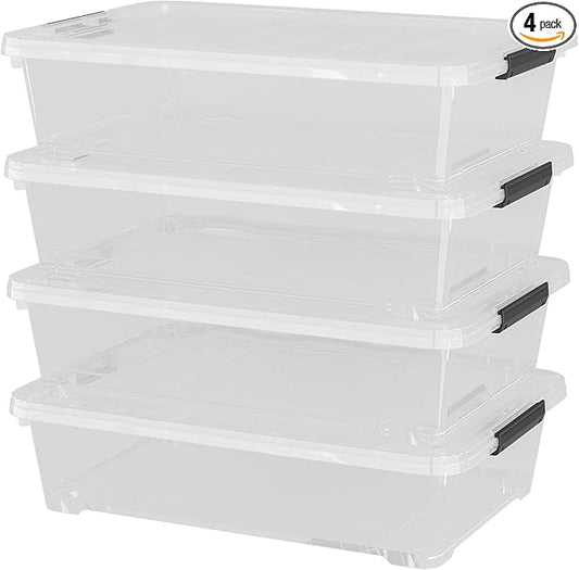 Uumitty 4Pack 40 Qt Plastic Under Bed Storage Organizer Bin Container with Secure Lids and Durable Wheels, Clear