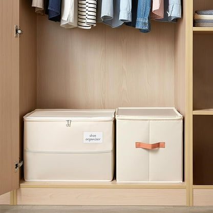 Chewlish Shoe Organizer for Closet, Foldable Shoe Storage Organizer Containers with Clear Cover, Space Saving Shoes Holder with Handles, Beige (2, L)