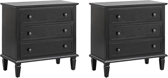 HULALA HOME 3 Drawer End Table with Charging Station, Wooden Drawer Organizer with Wood Legs, Mid Century Modern End Table Set of 2, Black