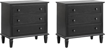 HULALA HOME 3 Drawer End Table with Charging Station, Wooden Drawer Organizer with Wood Legs, Mid Century Modern End Table Set of 2, Black