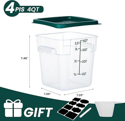 BIEAMA 4 Pack Food Storage Containers with Lids, 4 Quart Square Commercial Food Containers, NSF, Polycarbonate, Clear