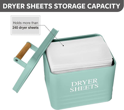 Calindiana Modern Farmhouse Metal Laundry Dryer Sheets Holder Fabric Softener Dispenser with Lid for Laundry Room Decor and Accessories and Space Saving Laundry Room Organization and Storage, Mint