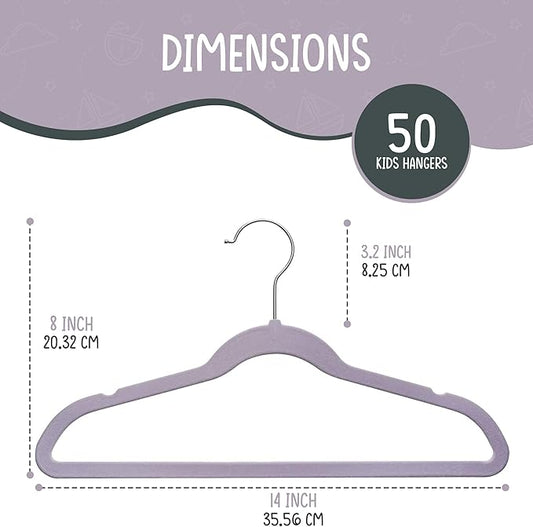 TechZoo 50 Premium Kids Velvet Hangers - 14'' Non-Slip, Ultra-Slim & Space-Saving Hangers - 360° Swivel Hook, Strong & Durable for Children & Preteens - Purple