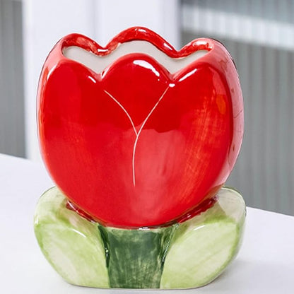 Pencil Holder for Desk Tulips Vase Decor Aesthetic Cute Toothbrush Holder Pen Holder for Office Makeup Brush Holder Red Kawaii Desk Accessories Home Decor Birthday Gifts for Women