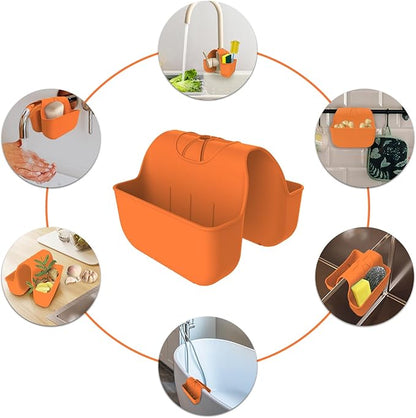 OKeanu Sponge Holder for Kitchen Sink, Silicone Sink Saddle Caddy Organizer Rack, Sponges Holder Over Faucet, Hanging Kitchen Organizer Accessories Rack Basket - Orange