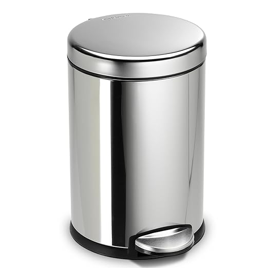 simplehuman 4.5 Liter / 1.2 Gallon Round Bathroom Step Trash Can, Polished Stainless Steel