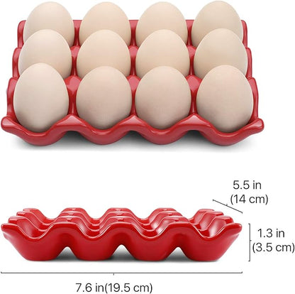 Flexzion Ceramic Egg Holder for Fridge - 12 Cups Egg Tray Whole Dozen Porcelain Container Keeper Storage Organizer Decorative Serving Stand Serveware for Countertop Display Kitchen (Red)