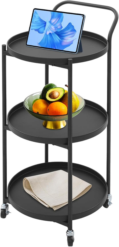 Round 3-Tier Rolling Bar Cart with Locking Wheels, Metal Serving Cart with Handle, 18" x 16" Mobile Organizer for Dining Room, Living Room, Bar (Black)