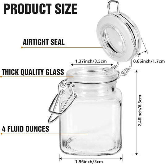 SPANLA Spice Jars, 12 Pack 4oz Small Glass Jars with Airtight Hinged Lid, With 12 Spice Labels & Silicone Funnels, Airtight Glass Jars for Spices, Art Craft Storage (12 Pack)
