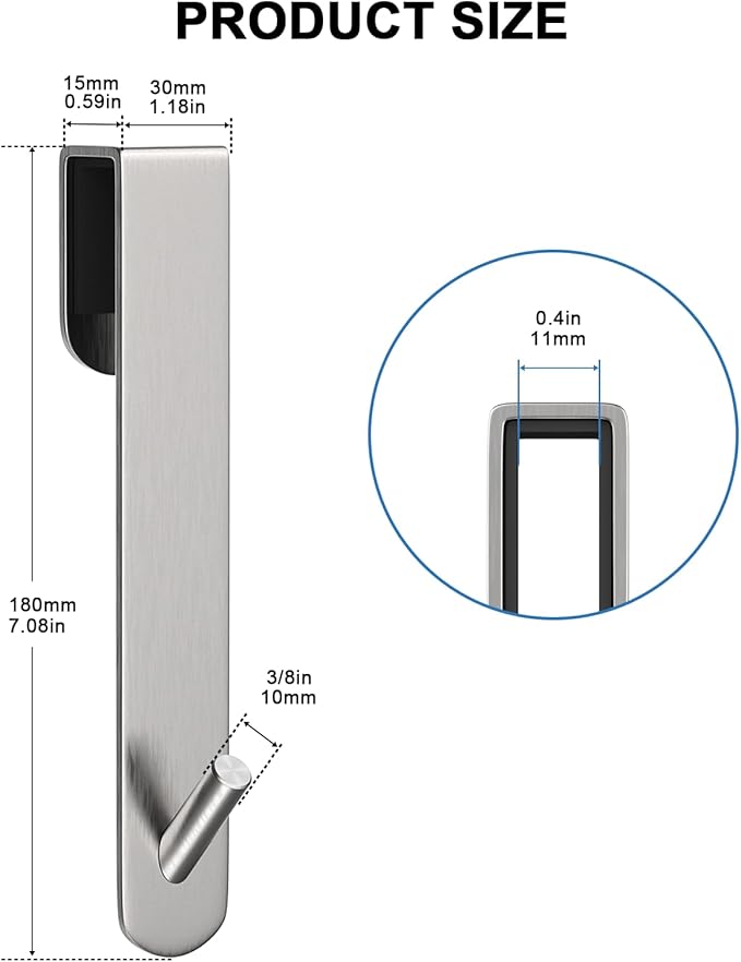 KITHOLD Shower Door Hook, Extended Length Frameless Shower Door Hook (7 Inches), Heavy-Duty Bathrobe Towel Stainless Steel Hook, No Drilling or Adhesive Required, 2-Pack, Silver