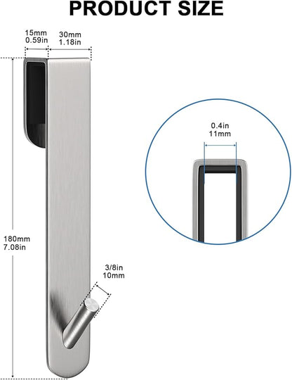 KITHOLD Shower Door Hook, Extended Length Frameless Shower Door Hook (7 Inches), Heavy-Duty Bathrobe Towel Stainless Steel Hook, No Drilling or Adhesive Required, 2-Pack, Silver