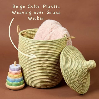 Small Storage Basket, Organizing, Storage, Wicker, Woven, With Lid, Handles, 12" Wide, 14" Tall (Beige)