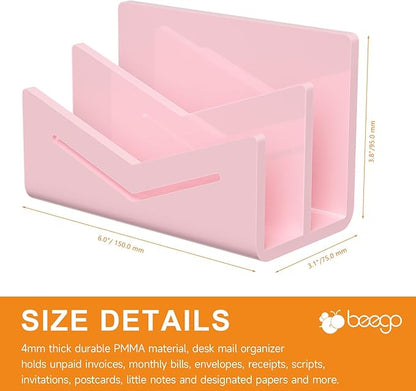 Beego Envelope and Mail Organizer Countertop - 2 Compartments Pink Acrylic Desk Organizer Letter Holder Desktop File Sorter Bill Document Folder Rack for Office, Home, School Desk Organization