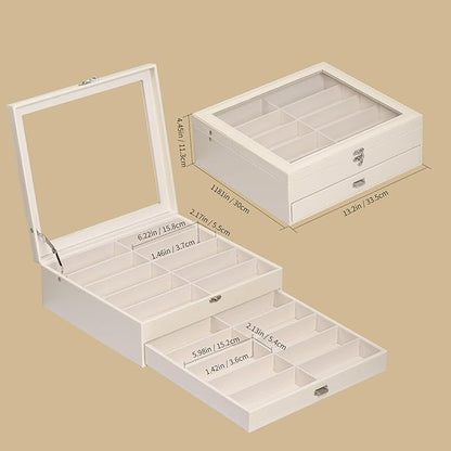AUTOARK 2-Tier Lockable Glasses & Jewelry Organizer Case with Glass Top,20 Capacity PU Leather Display Box for Sunglasses,Watches,Rings,Ideal Gift for Home Office,Beige,MKAW-303