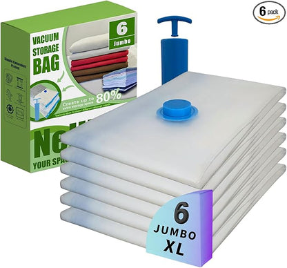 Nellivia 6 XL Jumbo Vacuum Storage Bags with Pump, Extra Large Compression Space Saver for Comforter, Duvet, Blanket, Bedding Storage, Vacuum Seal Bags for Clothing, Luggage Closet Organizer