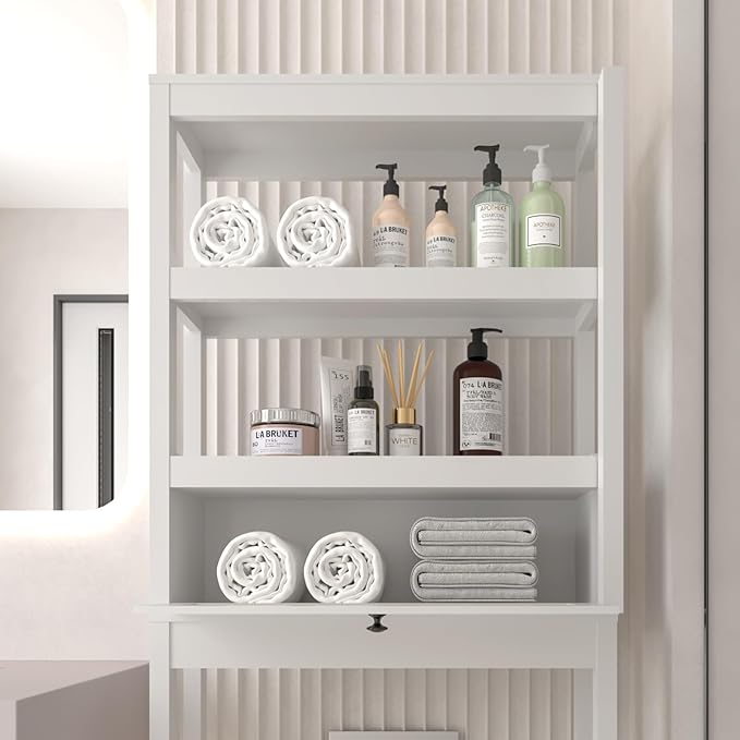 GORZING Over The Toilet Storage Cabinet, 3-Tier Bathroom Organizer with Rattan Door, Wooden Space Saver for Restroom, Bathroom, Laundry