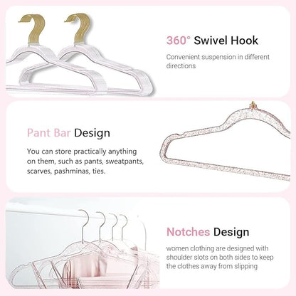 Pink Clothes Hangers 16", 40 Pack Plastic Clear Coat Hanger for Adult Closet, Durable Bling Ganchos de Ropa with Swivel Hook, Notched Shoulders & Ultra-Thin Space Saving Laundry Hanger for Dress Suits