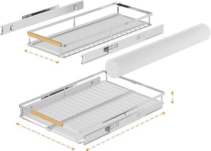 SANNO Pull Out Cabinet Organizer, Kitchen Sliding Shelf Under Sink Shelf, Expandable Drawer Shelves with Sliding Steel Metal Cabinet Drawers Slide Out, Chrome Finish，Expandable 12.1 to 18.4" W