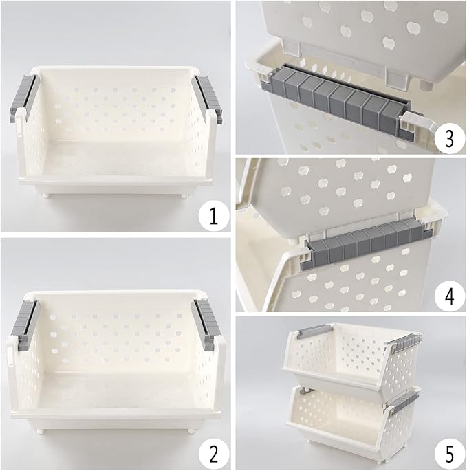 Bringer 4-Pack Plastic Stackable Storage Basket, Kitchen Stacking Organizer Basket, White