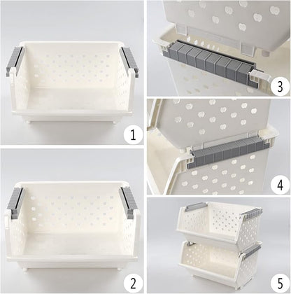 Bringer 4-Pack Plastic Stackable Storage Basket, Kitchen Stacking Organizer Basket, White