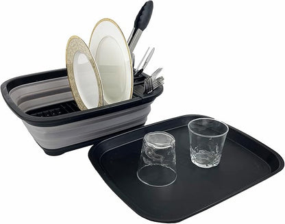 SAMMART 8L (2.11Gallons) Collapsible Plastic Dish Drainer with Drainer Board - Foldable Drying Rack Set - Portable Dinnerware Organizer - Space Saving Kitchen Utensil Storage Tray (Black/Alloy Grey)