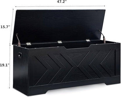 47.2” Storage Bench,Extra Large Wooden Storage Chest with 2 Safety Hinges,entryway Bench,Blanket Storage,Shoe Storage Bench for Entryway,Bedroom,Living Room,Easy Assembly-Black