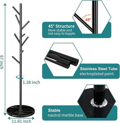 Coat Rack with Natural Marble Base, Metal Freestanding Coat Racks, Heavy Duty Coat Rack Stand with 8 Hooks for Hanging Scarf, Bag, Jacket, Black Coat Hall Tree Hanger Holder Stand