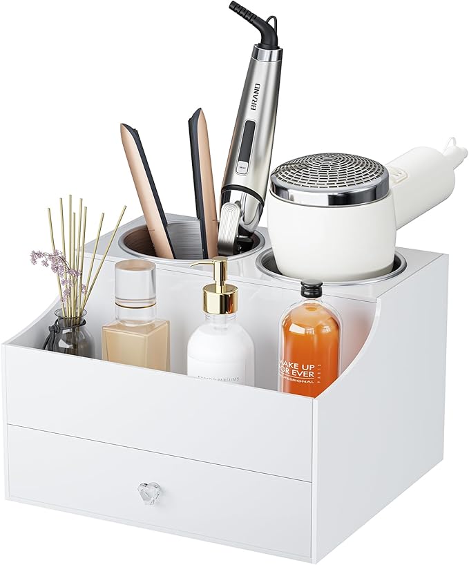 Messmenos Hair Tool Organizer, Acrylic Hair Blow Dryer Holder Stand with Drawer for Straightener and Curling Storage, Bathroom Vanity Countertop Organization for Makeup Accessories - White