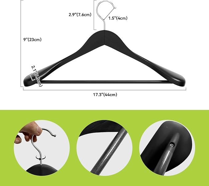 ABHENG Solid Wood Suit Hangers, 6 Pack, Coat Hangers with Non Slip Trouser Bar, 360° Swivel Hook, Heavy Duty Wide for Suit, Coat, Jacket, Trousers, Pants,17.3" W x 9" H, Black AWY0406B