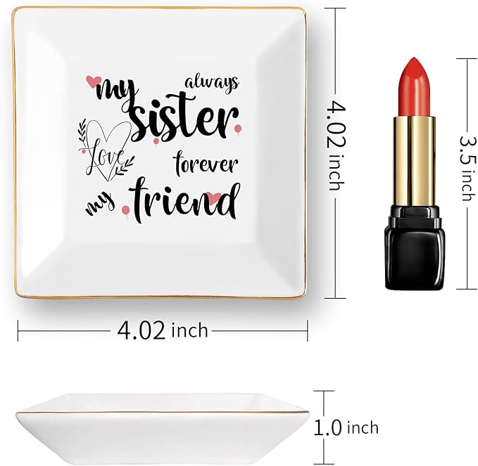 Tijeyi Sisters Gifts from Sister in Law Happy Birthday Gift for Women Funny Big Brother Little Ceramic Small Jewelry Dish Unique Trinket Tray Best Ring Plates Always My Sister, Forever My Friend