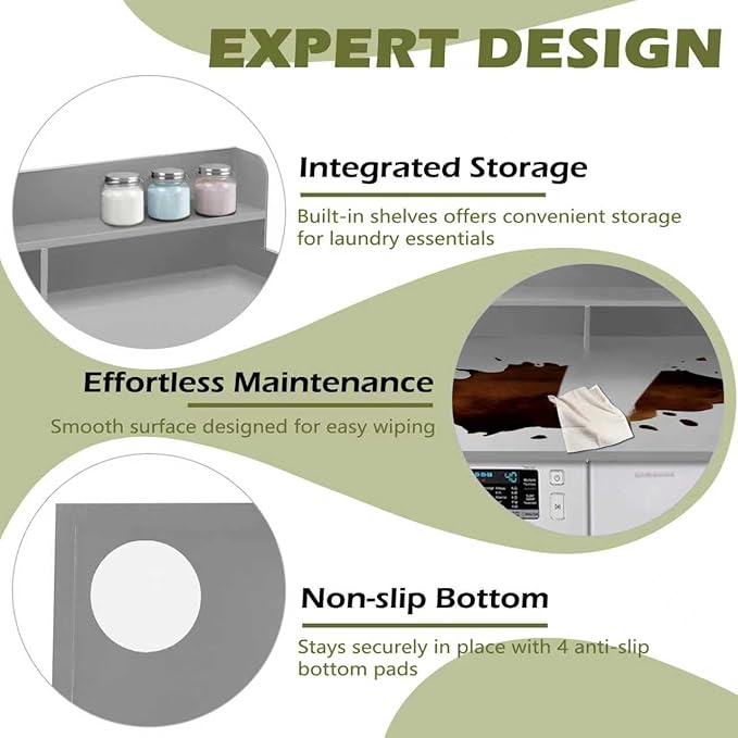 Royxen Laundry Countertop with Storage Universal Fit, Washer and Dryer Countertop with Shelf, Laundry Room Storage, 2-Tier Shelf (Grey)