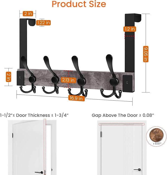 Homode Over The Door Hooks Heavy Duty,Wooden Door Coat Hanger with 4 Tri Hooks, Over The Door Towel Rack for Bathroom, Back of Door Hooks for Hanging Towels, Clothes, Hats, Bags, Grey