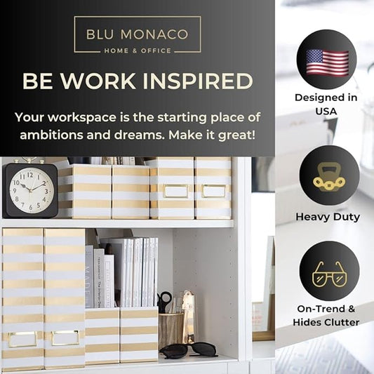 BLU MONACO Set of 4 Gold & White Striped Magazine File Boxes | Foldable Cardboard File Organizer Boxes with Gold Label Holders | Stylish Desk Organizer for Home Office and Classroom