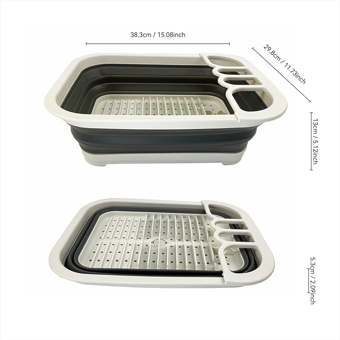 SAMMART Collapsible Dish Drainer with Drainer Board - Foldable Drying Rack Set - Portable Dinnerware Organizer - Space Saving Kitchen Storage Tray (2, Grey/Washed Black)