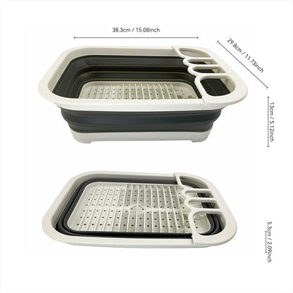SAMMART Collapsible Dish Drainer with Drainer Board - Foldable Drying Rack Set - Portable Dinnerware Organizer - Space Saving Kitchen Storage Tray (2, Grey/Washed Black)