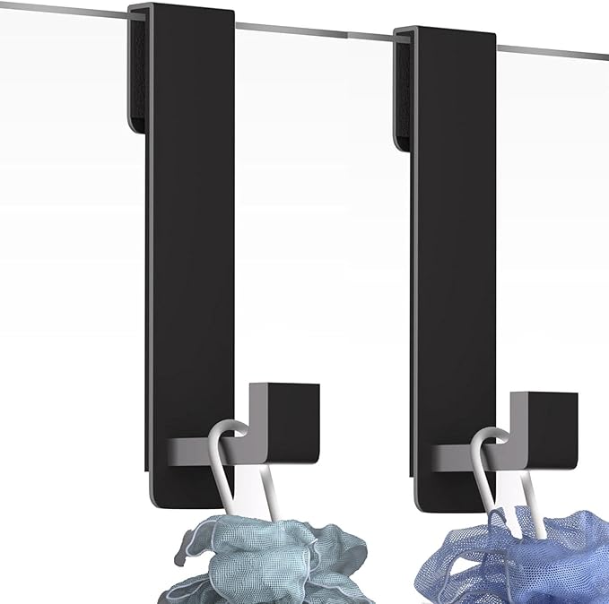 VINHOLD Shower Door Hooks, Heavy Duty Rack Hooks for Robe, Stainless Steel Towel Hooks for Bathroom, Fits Frameless Glass Shower Doors up to 3/8" (10mm) Thick (Black, 2 Pack)