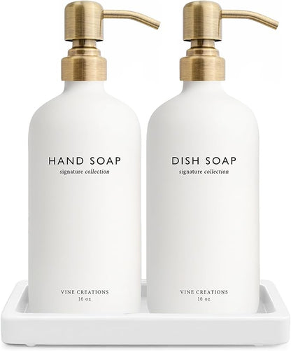 Vine Creations Glass Soap Dispenser Set, Kitchen Soap Dispenser Set with Ceramic Tray, 16 oz Dish Soap and Hand Soap Dispenser Set with Stainless Steel Pump Decor (White Bottle/Brushed Brass)