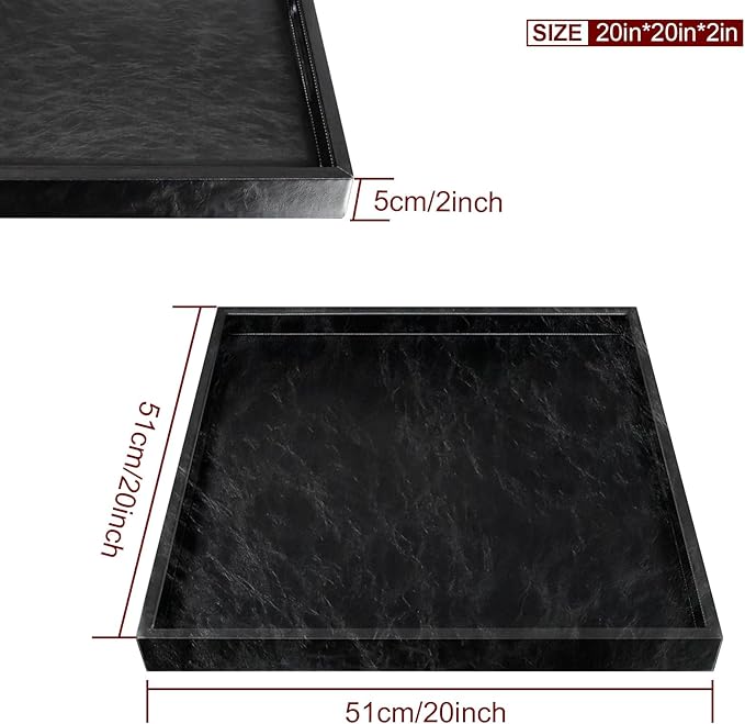 20 * 20 inches Leather Square Serving Tray with Hole Handles,High-End Light Large Service Tray for Ottoman Tray, Tea, Food, Butler - Countertop, Kitchen,Family Dinner, Picnic (Black)