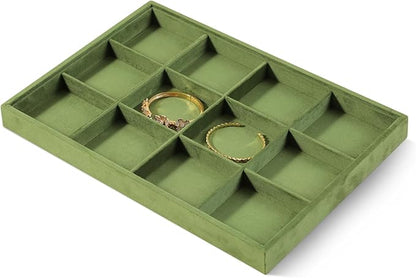 Velvet Stackable Jewelry Display Tray, 12 Grid Watch Bangle Bracelet Storage Tray, Makeup Drawer Insert Jewelry Shop Organizer Plate (Olive Green)