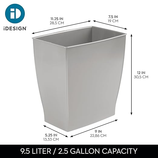 iDesign Small Plastic Bathroom Trash Can, Slim Rectangle Garbage Bin for Bedroom, Office, Dorm, 4-Pack, Gray