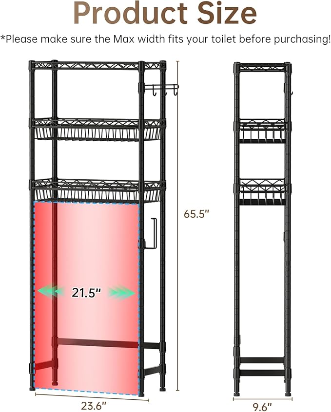 Golpart 3-Tier Over-The-Toilet Storage Shelf,Heavy-Duty Adjustable Bathroom Rack with 2 Mesh Baskets,Toilet Paper Holder & Hooks,Space-Saving Organizer for Bathroom,10”D x 24”W x 66”H,Black