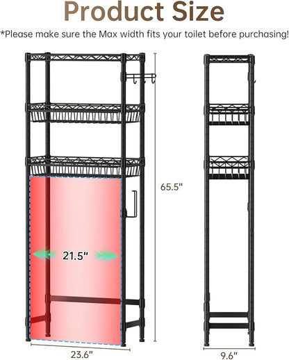 Golpart 3-Tier Over-The-Toilet Storage Shelf,Heavy-Duty Adjustable Bathroom Rack with 2 Mesh Baskets,Toilet Paper Holder & Hooks,Space-Saving Organizer for Bathroom,10”D x 24”W x 66”H,Black