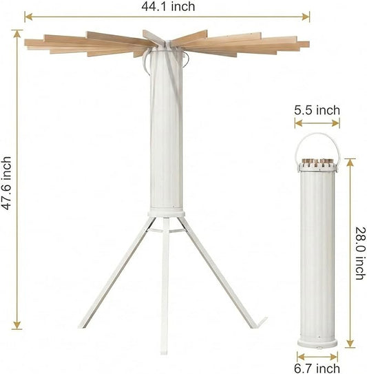Laundry Drying Rack Collapsible, Tripod Clothes Drying Rack Foldable with 16 Wooden Rods Ideal for Versatile Indoor and Outdoor Use in Apartment, RV, Balcony and Bedroom.