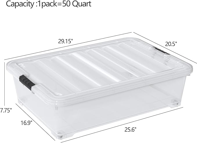 Waikhomes 50 Quart Plastic Under Bed Storage Boxes, Clear Under Bed Storage Containers with Wheels, 3-Pack