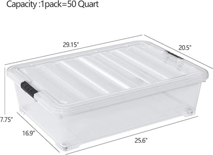Waikhomes 50 Quart Plastic Under Bed Storage Boxes, Clear Under Bed Storage Containers with Wheels, 3-Pack